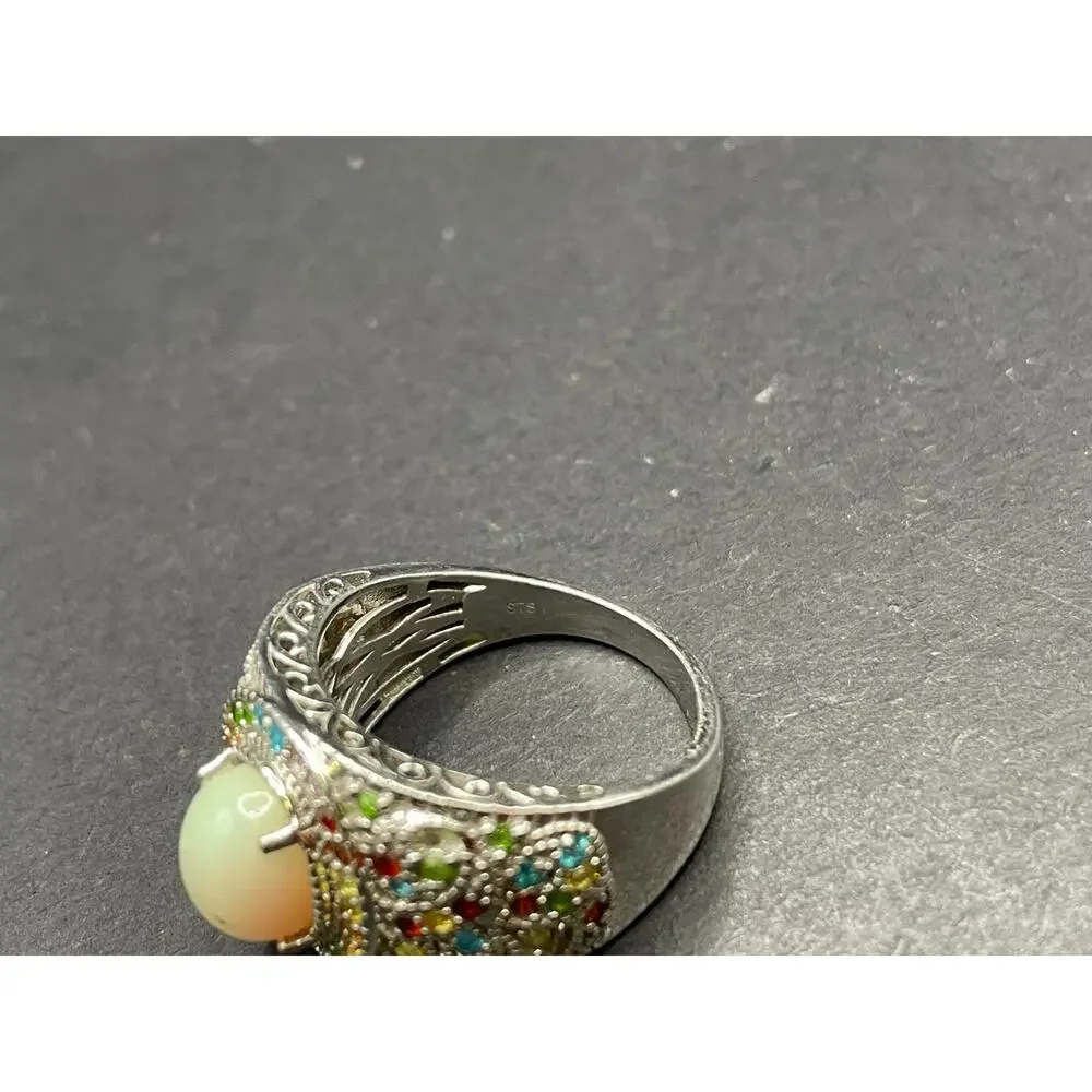 STS 925 Sterling Silver Opal Multi Color Gemstone Statement Ring Size 9.75